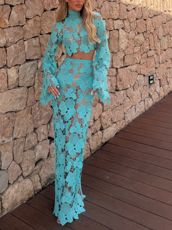 Sexy Turquoise Lace Cut-Out Two-Piece Maxi Set With Bell Sleeves