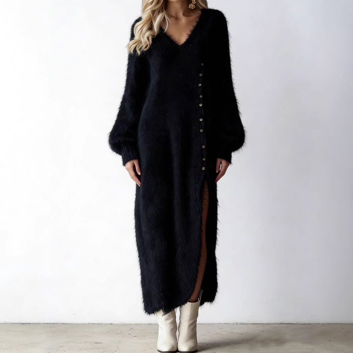 Cozy V-Neck Long Sleeve Faux Mink Knit Maxi Dress With Button Detail & Side Slit