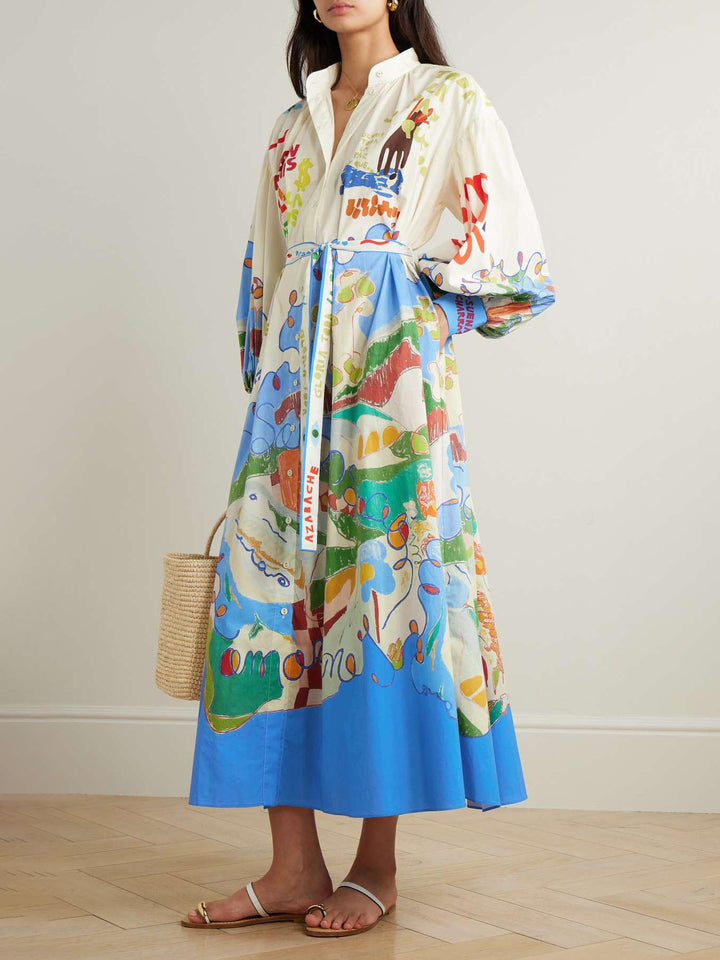 Unique Island Painted Print Shirt-style Maxi Dress